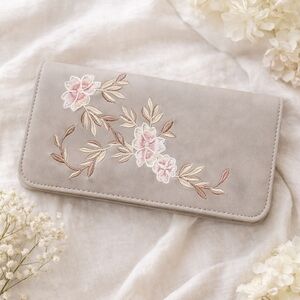 Floral Embroidered Wallet Grey Faux Leather Cottagecore Romantic